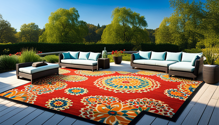 An image showcasing a vibrant outdoor patio adorned with a Home Depot outdoor rug, beautifully enhancing the space with its intricate patterns and vivid colors